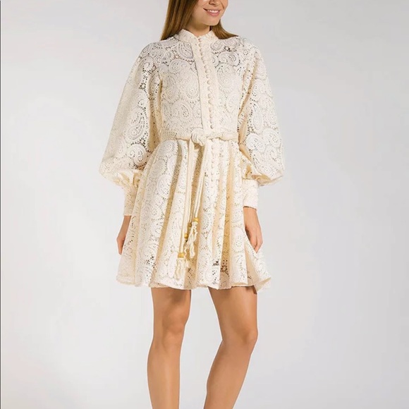 Embroidey Beige Dress Lantern Puff Sleeve Dress - Picture 9 of 16